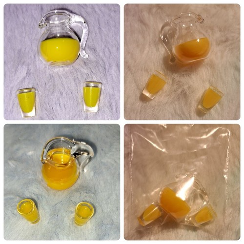 1:12 scale Dollhouse Glass Pitcher of Orange Juice & Filled Glasses. Gently used
