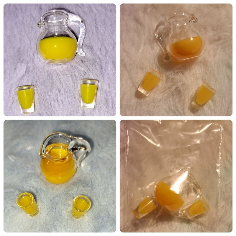 1:12 scale Miniatures Dollhouse Glass Pitcher of Orange Juice & Filled Glasses.