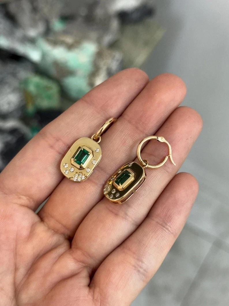 14k Emerald Diamond Earrings Drop Dangles Emerald Earrings 14k Solid Gold