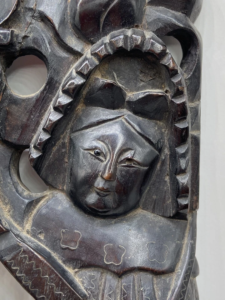 Beautiful Antique Chinese Buddhist Silver Inlay Carved ￼Dark Wood & Brass Gong - Image 4 of 4