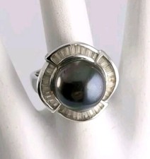 Sterling Silver 925 Honora 10mm Cultured Black Freshwater Pearl CZ Ring Sz 5