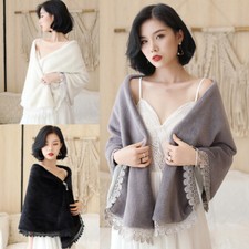 Women Shawl Wrap Stole Faux Ful Lace Trim Winter Warm Soft Elegant Wedding Party
