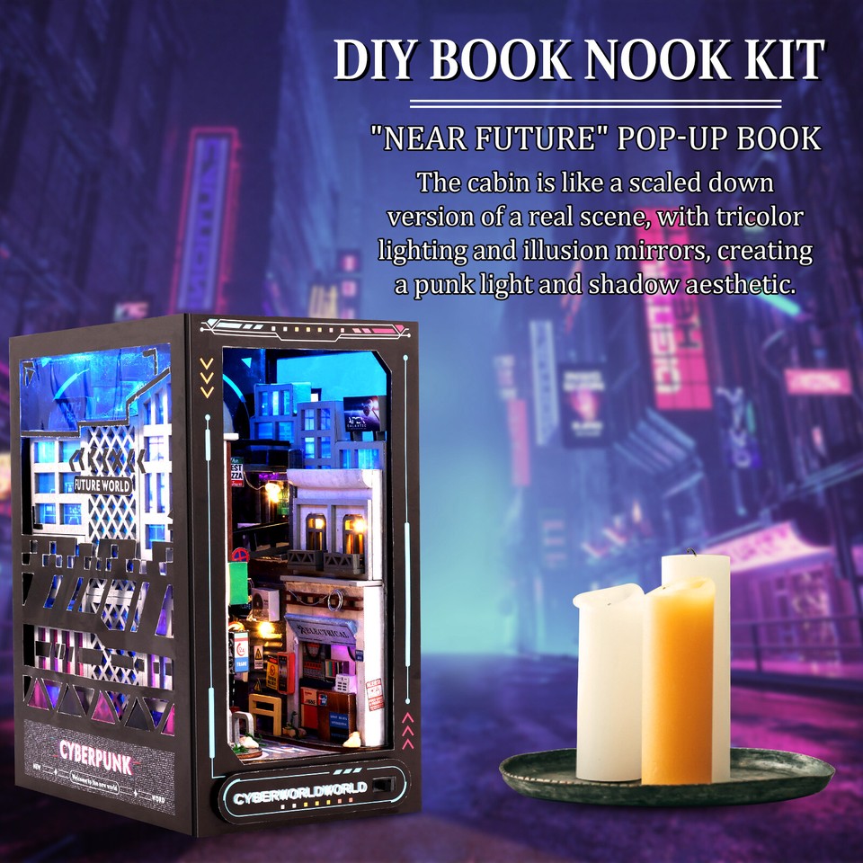 DIY Book Nook Kit 3D Wooden Puzzle Bookshelf Insert Decor with LED