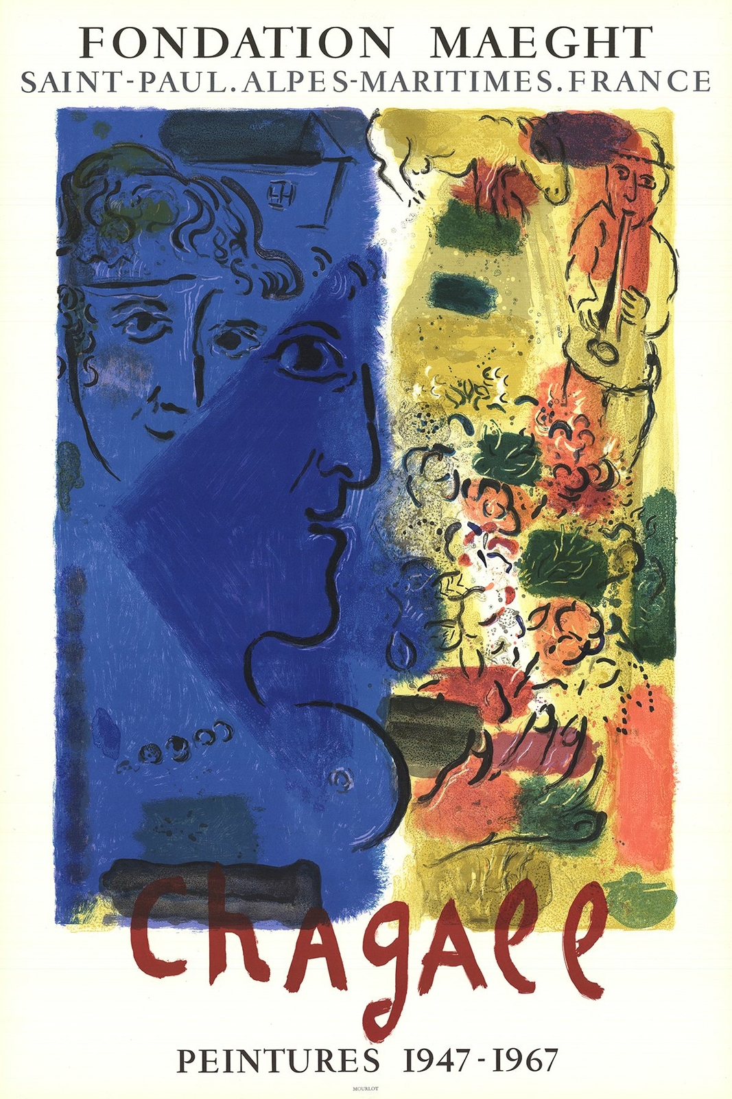 MARC CHAGALL Le Visage Bleu 34" x 22.5" Lithograph 1967 Modernism Multicolor, Bl