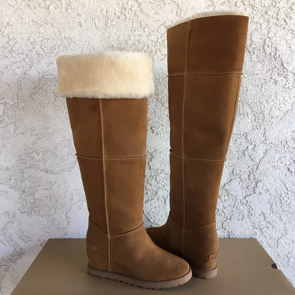 UGG CLASSIC FEMME OVER THE KNEE CHESTNUT SUEDE FUR WEDGE TALL BOOTS SIZE 5 WOMEN