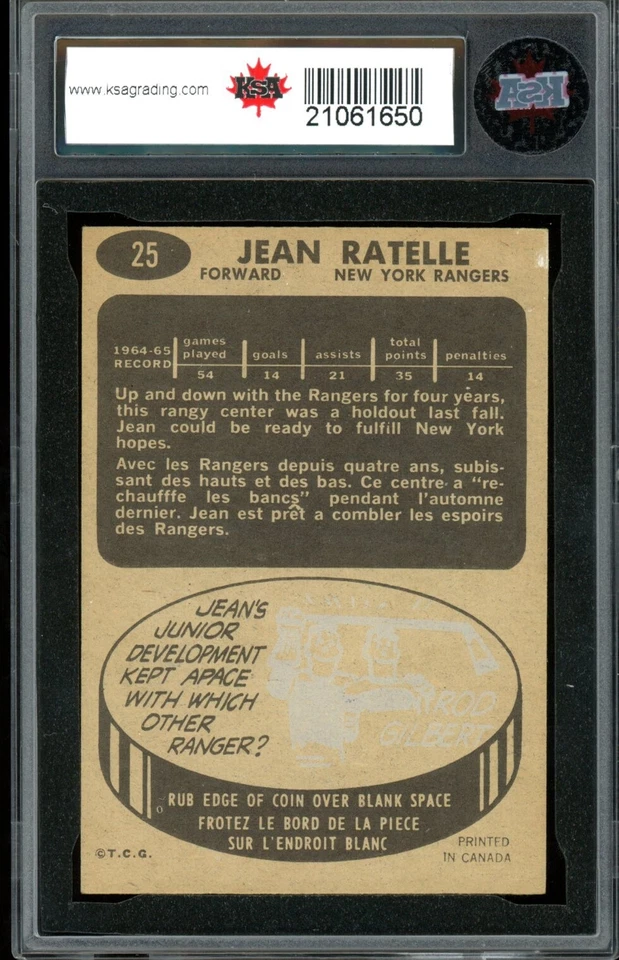1965-66 TOPPS HOCKEY NHL #25 Jean Ratelle HOF KSA 7.5 NM + New York Rangers Card - Image 2 of 2