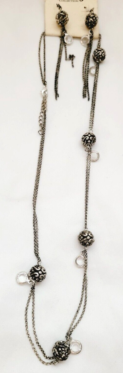 Envy Bezel Crystal Scroll Filigree Ball Beads Silver Tone Earrings & Necklace View 5