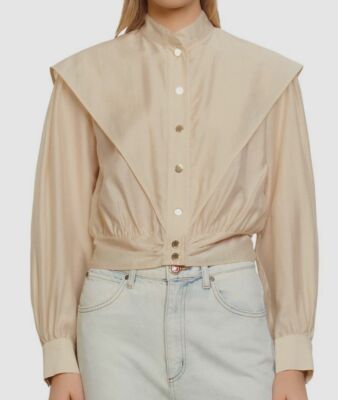 $655 Sandro Women's Beige Tea Cropped Long Sleeve Blouse Shirt Top Size L