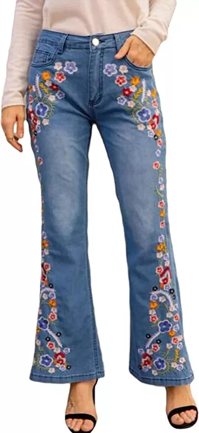 Women s Mid Rise Floral Embroidered Flare Jeans Bell Bottom Denim