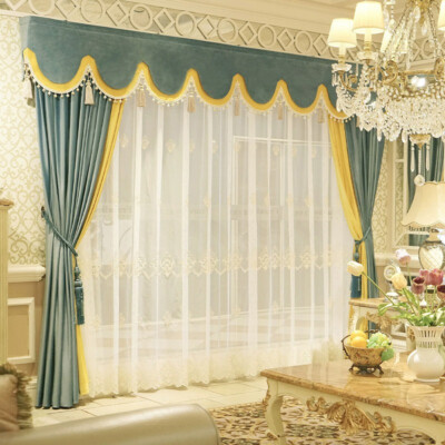 American bedroom solid blue velvet thick cloth curtain tulle valance drape C1783