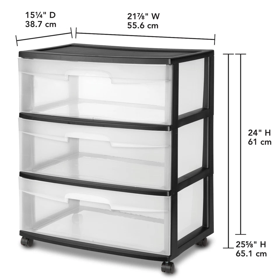 Sterilite Clear Drawers Cart Storage Rolling on Wheel Wide 3-Drawer Cart, Black - Image 3 of 4