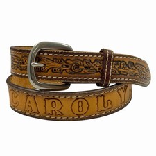 VINTAGE 80s 90s WESTERN NAME BELT NOCONA TOOLED LEATHER BOHO  CAROLYN  SIZE 30 M