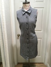 Vintage Talbots Irish Linen Dress Button Down Size 14 MIDI Lined Grey/black