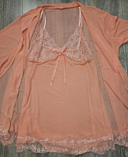 Vintage Shirley Of Hollywood Sheer Lace Slip Dress Nightgown Robe Set Peach 2XL - Picture 2 of 15