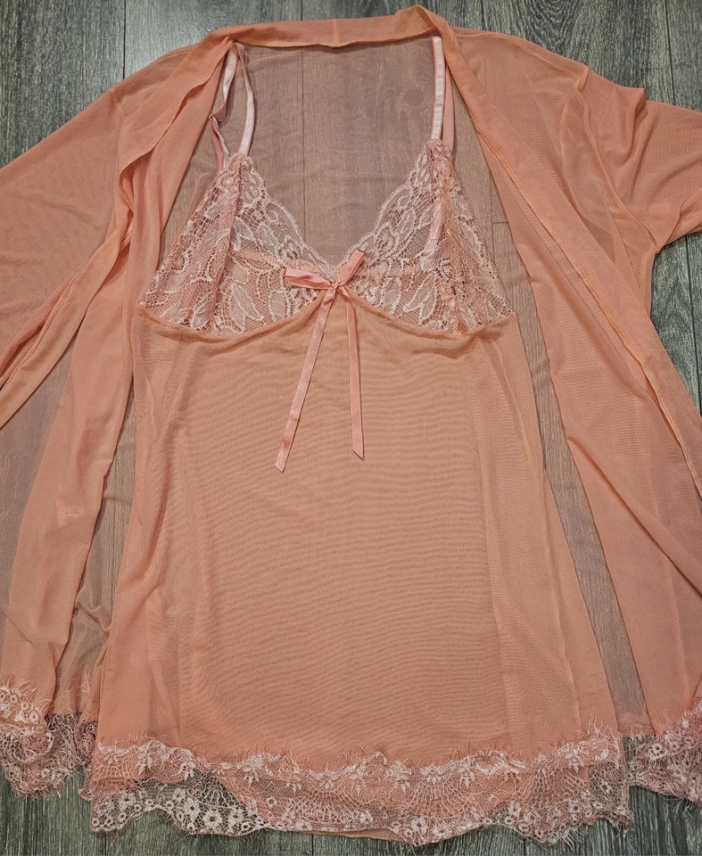 Vintage Shirley Of Hollywood Sheer Lace Slip Dress Nightgown Robe Set Peach 2XL - Image 2 of 4