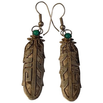 Astute Navajo Sterling Silver Overlay Feather Kingman Turquoise Earrings