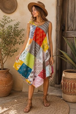 Wayan Patchwork Boho Dress One Size Cotton Midi Maxi India Festival Hippie