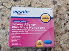Equate Severe Allergy Plus Sinus Headache Acetaminophen 20 caplets exp: 04/27