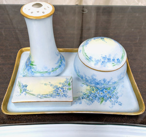 Limoges Vanity Tray Blue Floral SET Forget Me Not Gold Trim 4 pc Hand Painted