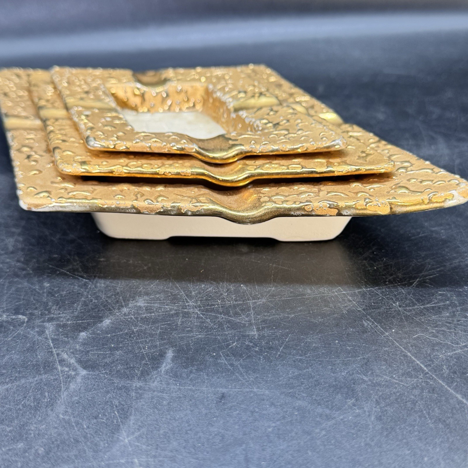 3 Weeping Bright Gold Nesting Ashtrays 22K Gold Parallelogram Shape Vintage MCM