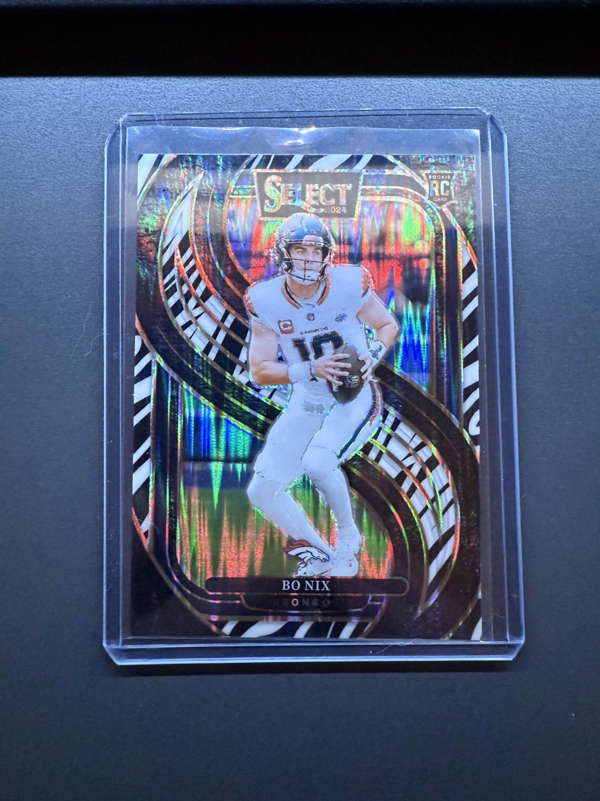 2024 Panini Select Premier Level RC Bo Nix #117 Zebra Shock Prizm Broncos