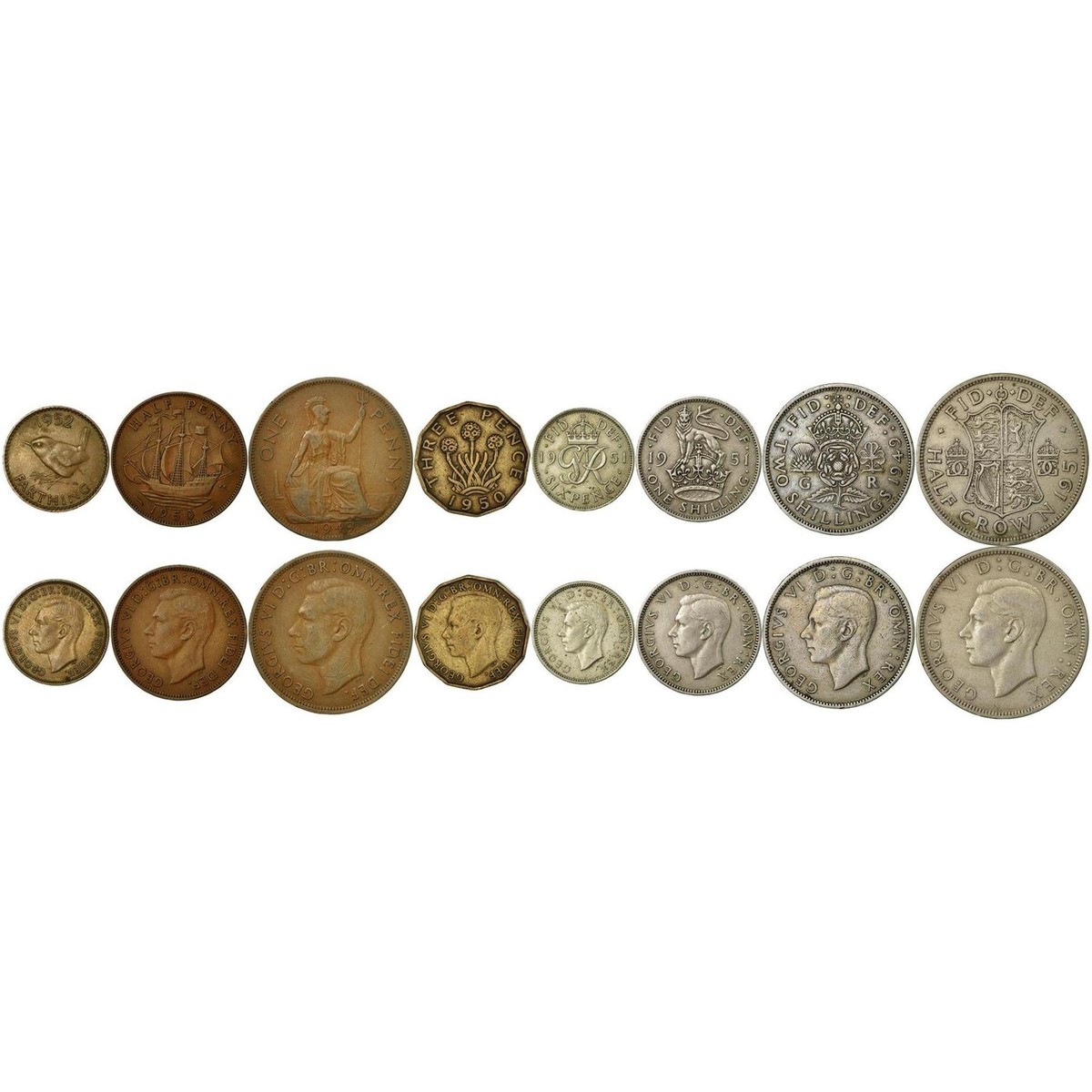 UK 8 Coin Set | 1 Farthing 1/2 1 3 6 Pence 1 2 Shillings 1/2 Crown