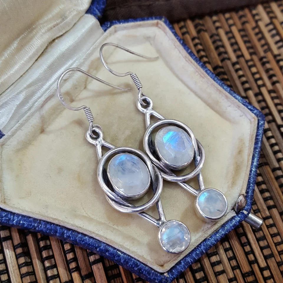 Pendientes vintage de plata de ley 925, piedra lunar genuina colgante, multicolor Foto 4 de 4