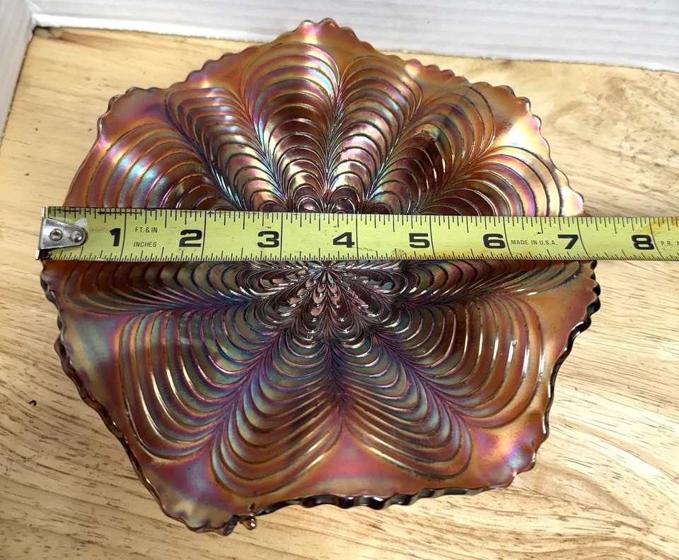 Vintage Fenton Peacock Tail Carnival Glass Bowl Ruffled Edge Iridescent - Image 4 of 4