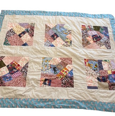 Patchwork Quilt Handmade Vintage Blue Paisley Dogs Cats And Flowers 52  x 41 