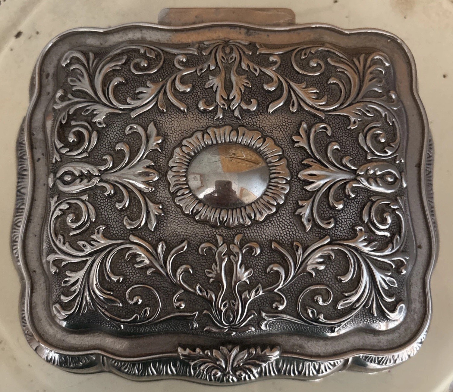 Beautiful Jewelry Box with Burgundy Felt Interior . Silver Colored Exterior