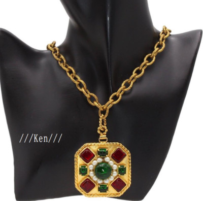 CHANEL Halskette ECHT Coco CC Kette selten Anhänger Gold Gripoa Perle rot grün Kostenloser Versand