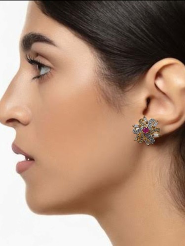 Gold Plated Indian AD CZ Studs Earrings Indian Pakistani Fine Bollywood Designer - Picture 3 of 17