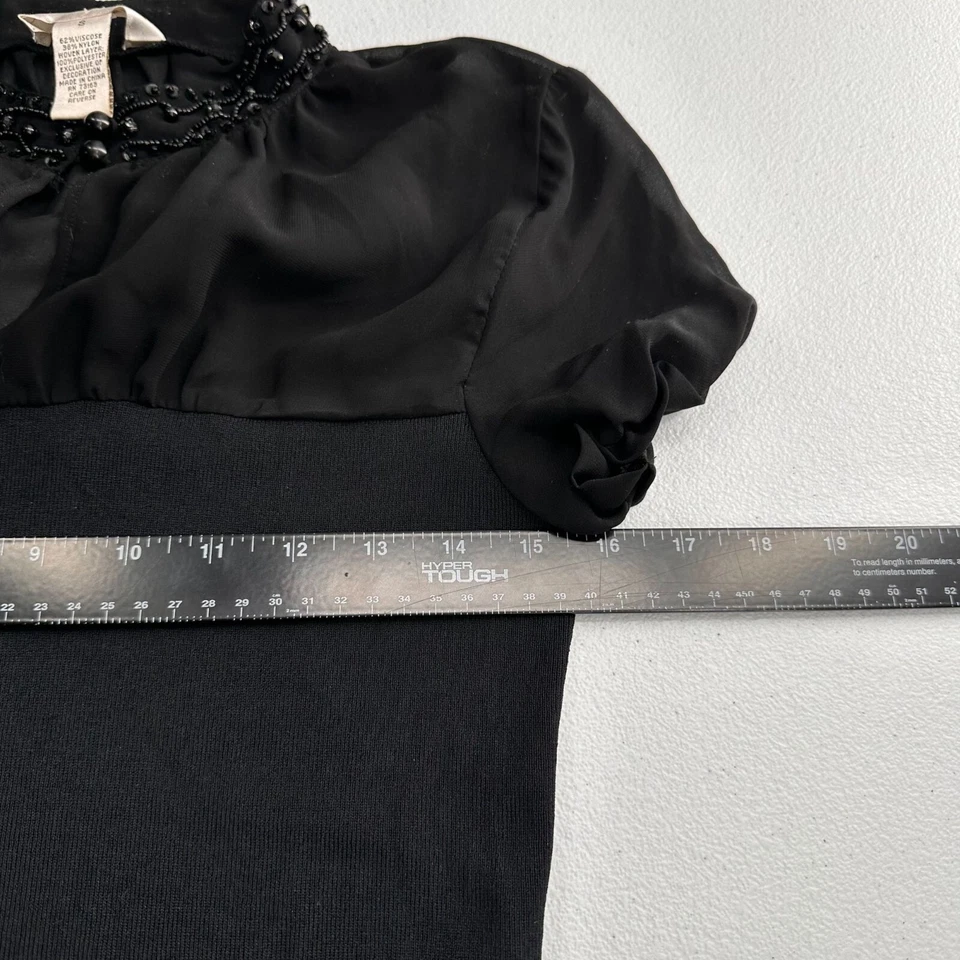 Kenar Beaded Collar Neck Black Short Sleeve Top S Elegant Style Smocked Stretch - Image 4 of 4