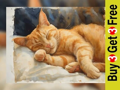 Tranquil Sleeping Ginger Cat Watercolor Painting Print 5"x7" on Matte Paper