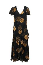 Vintage Eva Blue Midi Dress Sx S Floral Black Gold Chiffon Lined Whimsigoth 90s