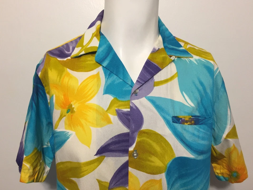 Camisa Hawaiana Vintage Años 50 Mercado Internacional Aqua Floral Corteza Tela M Foto 2 de 4
