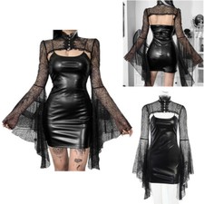 Womens Gothic Halloween Costume Outfit Faux Leather Bodycon Dress with Crop Tops