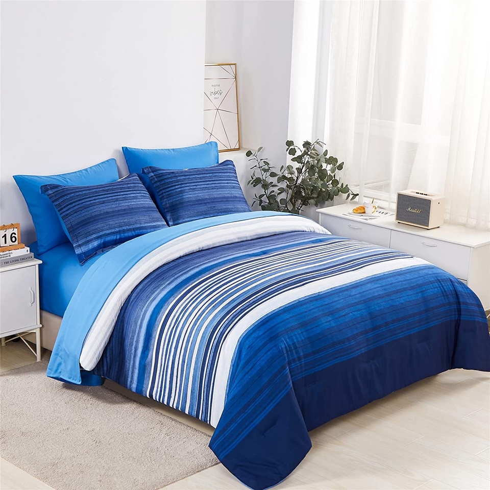 7 Piece Bed in a Bag Stripe Comforter Set Queen Size, White Grey Blue