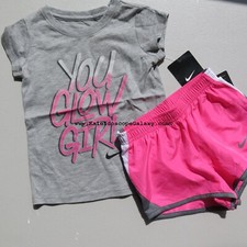 Nike Girls 3T Dri-fit Lined Running Shorts w/ Short Sleeve Top Gray Pink NEW