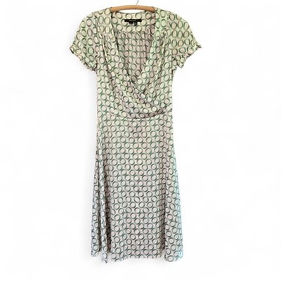 Zara Basic Womens Elastic Waist Dress Draped Neck Circle Print Green/White M