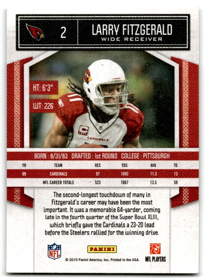 2010 Panini Classics #2 Larry Fitzgerald Arizona Cardinals - Image 2 of 2