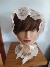 Vintage BEIGE LACE Scallop Edge LADIES BONNET HAT - One Size