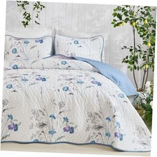 Floral Quilt Set Queen Size, 3 Pieces Botanical Plants Queen 96" 90" Blue