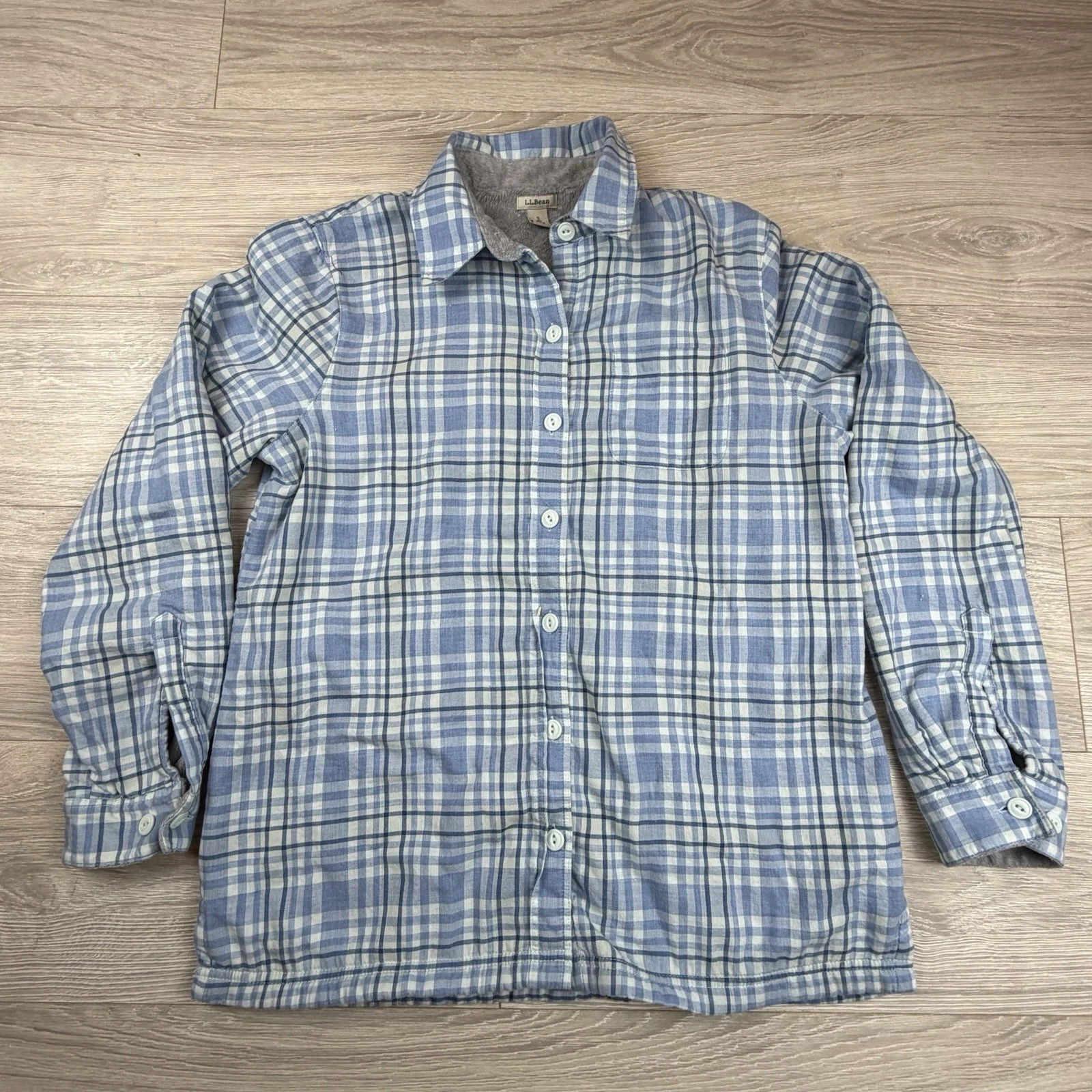 LL Bean Shirt Mens Small Fleece Lined Flannel Shacket Gray Blue Plaid Outdoor