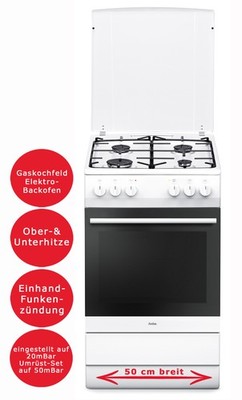 Amica Gas Elektro Standherd 50cm Elektro Backofen Gaskochfeld 4 Kochfelder weiß