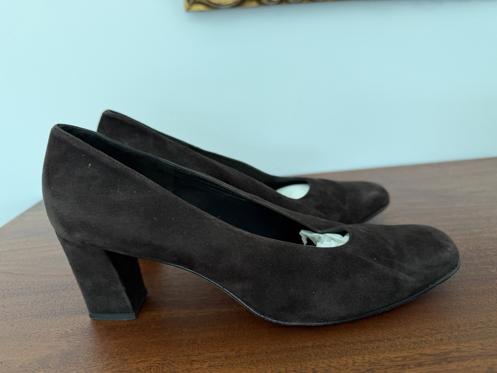 Pancaldi Women’s Brown Suede Round Toe Block Heel Slip On Pumps US 9.5