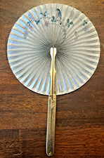 Vintage 1960s Folding Paper Fan Brass Handle Asian Scene
