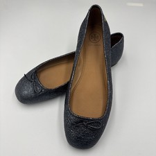 TORY BURCH Solid Metallic Blue Leather Ballerina Flats Bow Accent - Size 8