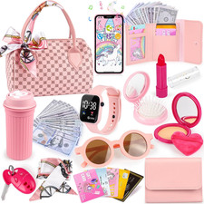 Play Purse for Little Girls, 32PCS Toddler Purse with Pretend Makeup for Kids, P