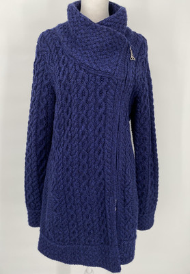 Aran Crafts Sweater Womens Medium Blue Merino Wool Cable Knit Full Zip Ireland